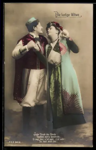 AK Die lustige Witwe, Operettenszene mit Darstellern Käte Hansen & Oskar Aigner