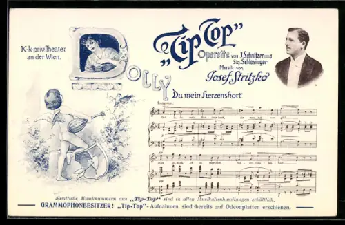 AK Tip Top, Dolly, Du mein Herzenshort, Frauenbildnis, Amor, Lied mit Noten