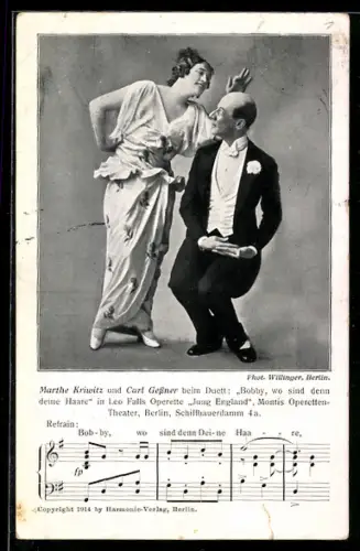 AK Szene aus der Operette Jung England, Sänger beim Duett: Bobby, wo sind denn deine Haare