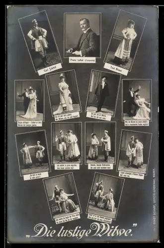 AK Die lustige Witwe, Componist Franz Lehár und Darsteller Carl Sukfüll und Toni Braun