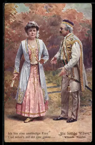 AK Szene aus der Operette Die lustige Witwe mit Wünsch und Natzler