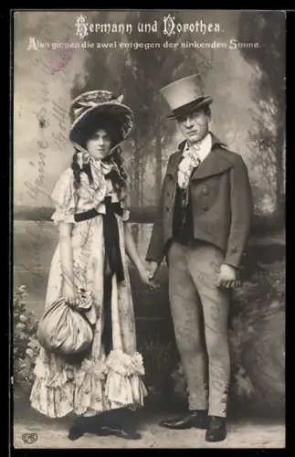 AK Szene aus der Operette Hermann und Dorothea, Also gingen die zwei entgegen...
