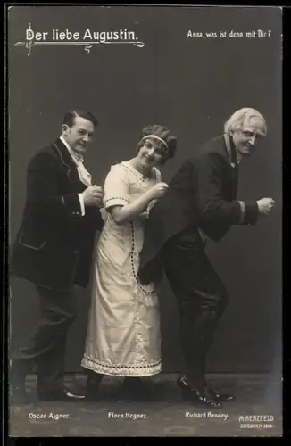 AK Szene aus der Operette Der liebe Augustin mit Oscar Aigner, Flora Hegner und Richard Bendey
