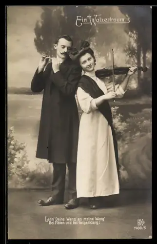 AK Ein Walzertraum, Paar mit Geige und Querflöte