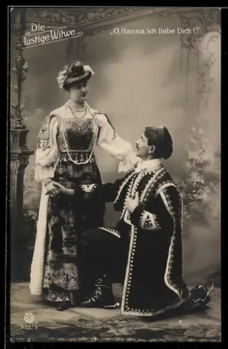 AK Die lustige Witwe, Mann kniet vor einer Frau und gesteht seine Liebe