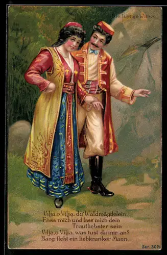 Künstler-AK Die lustige Witwe, Operettenszene mit Waldmägdelein Vilja