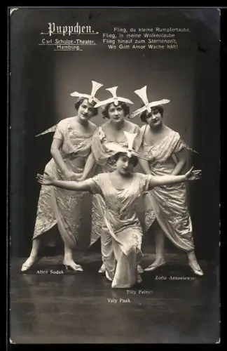 AK Operette Puppchen, die Darstellerinnen Alice Sodek, Valy Paak, Tilly Feiner und Zofia Antoniewska