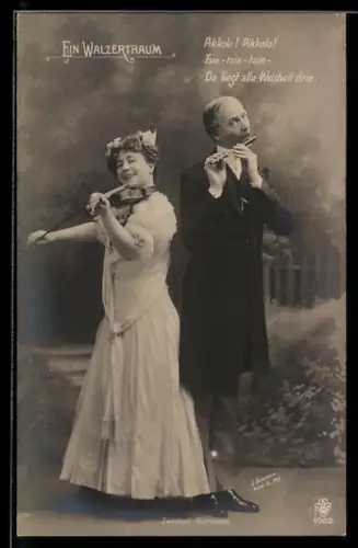 AK Operette Ein Walzertraum, Flötenspieler und Geigenspielerin