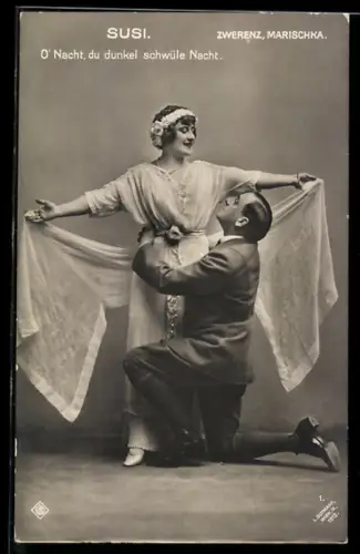 AK Szene aus der Operette Susi mit Zwerenz und Marischka, O` Nacht, du dunkel schwüle Nacht