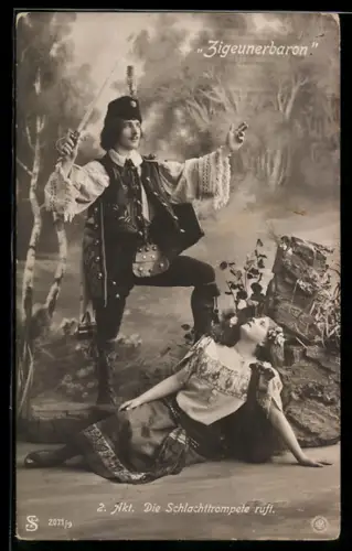 AK Szene aus der Operette Zigeunerbaron, 2. Akt: Die Schlachttrompete ruft