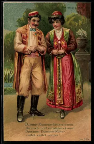 Künstler-AK Die lustige Witwe, Operettenszene mit Reitersmann