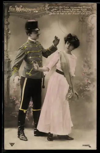 AK Operette Ein Walzertraum, Hübsche Frau wendet sich von einem Mann in Husarenjacke ab