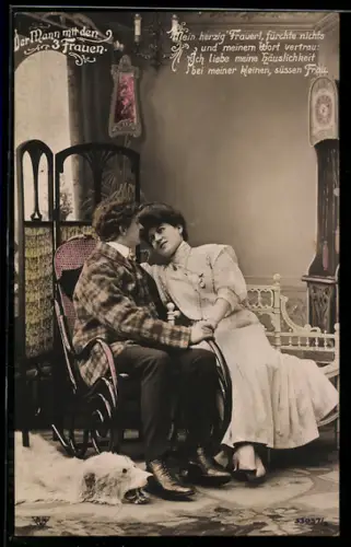 AK Operette Der Mann mit den 3 Frauen, Schöne Frau liegt in den Armen eines eleganten Mannes