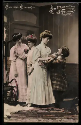 AK Operette Der Mann mit den 3 Frauen, Mann auf Knien vor drei schönen Frauen