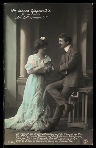 AK Operette Die Dollarprinzessin, Hübsche Frau steht bei einem Mann mit Monokel