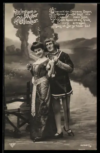 AK Operette Die lustigen Weiber von Windsor, Mann in höfischer Kleidung hält die Hände einer schönen Frau