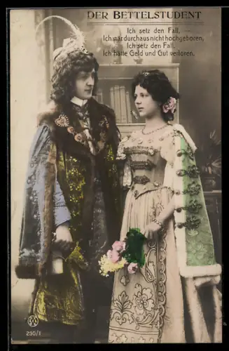 AK Operette Der Bettelstudent, Höfisch gekleideter Mann steht bei einer schönen Frau mit Blume im Haar