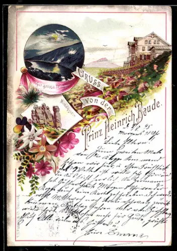 Vorläufer-Lithographie Prinz Heinrich-Baude, 1895, Mittagstein und grosser Teich