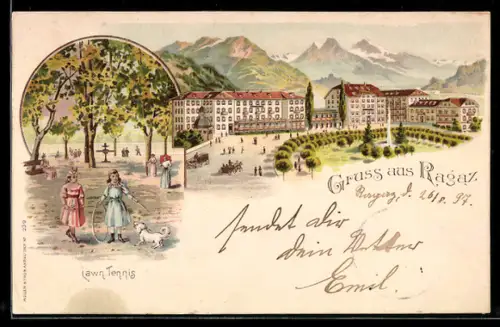 Lithographie Ragaz, Panorama and people playing lawn tennis