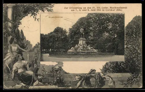 AK Colmar /Els., Sängerfest, IV. Els.-Lothr. Musikwettstreit, Partie am Bruat-Denkmal, Musikerinnen im Passepartout