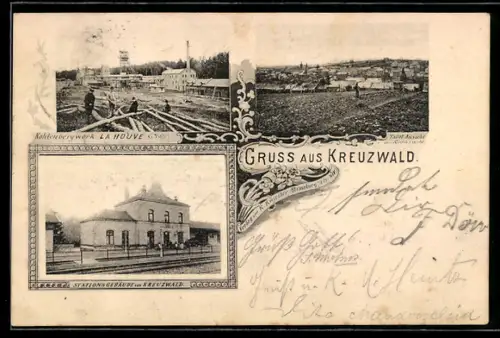 AK Kreuzwald, Kohlenbergwerk La Houve, Stationsgebäude, Bahnhof, Totalansicht