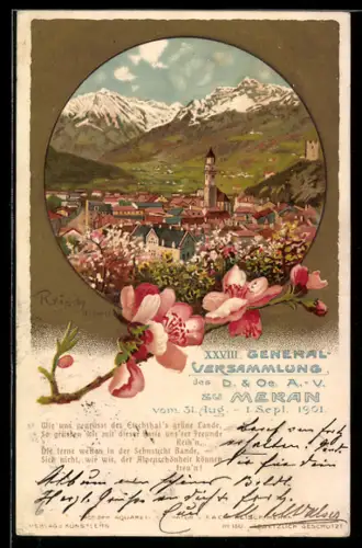 Künstler-AK F.A.C.M. Reisch: Meran, XXVIII. General-Versammlung des D. & Oe. A.-V., Ortsansicht mit Kirche und Bergen