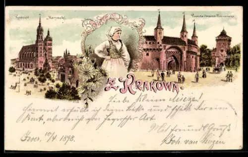 Lithographie Krakow, Kosciol Maryacki, Baszra i brama Floryanska