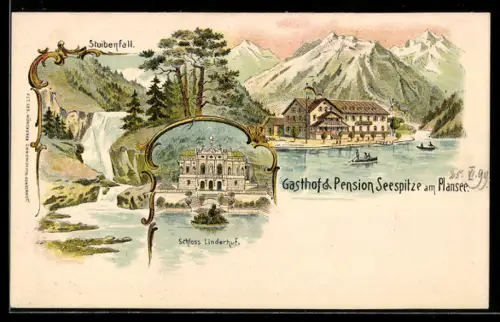 Lithographie Plansee, Gasthof und Pension Seespitze, Schloss Linderhof, Stuibenfall