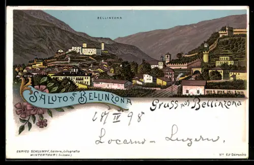 Lithographie Bellinzona, Ortsansicht aus der Vogelschau