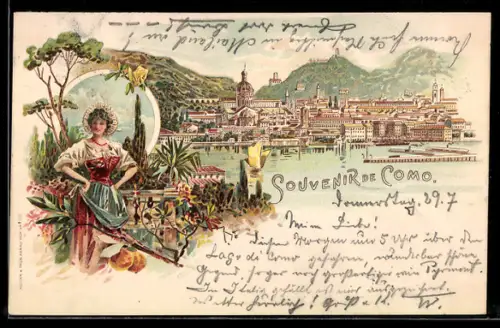 Lithographie Como, Panorama, Frau in traditionellem Gewand