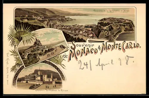 Lithographie Monte Carlo, Panorama de la Principauté de Monaco, Casino, Le Château du Prince