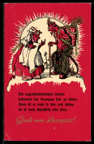 AK Grossmutter spricht mit ernster Miene zum Krampus