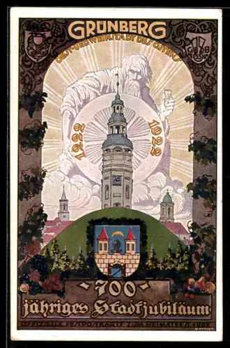 Künstler-AK Ernst Kutzer: Grünberg, 700 jähriges Stadtjubiläum, Obst- und Weinstadt des Ostens