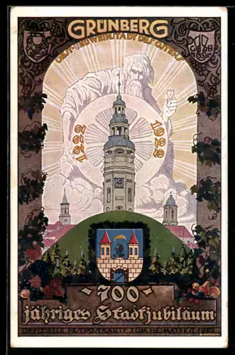 Künstler-AK Ernst Kutzer: Grünberg, 700 jähriges Stadtjubiläum, Obst- und Weinstadt des Ostens