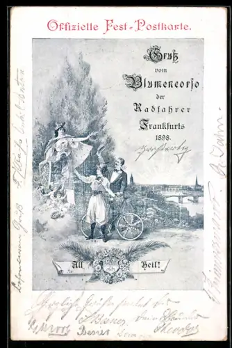 Künstler-AK Frankfurt, Festpostkarte Blumencorso der Radfahrer 1898