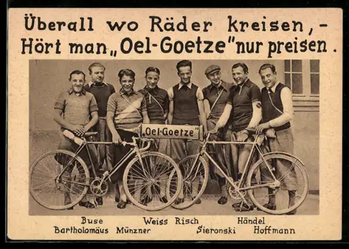 AK Radrennfahrer Buse, Weiss, Risch und Händel mit Reklame für Oel-Goetze