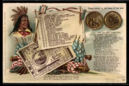 Lithographie Medal struck at the close of the war. Indianer, Geldmünzen & 6 Dollar Schein