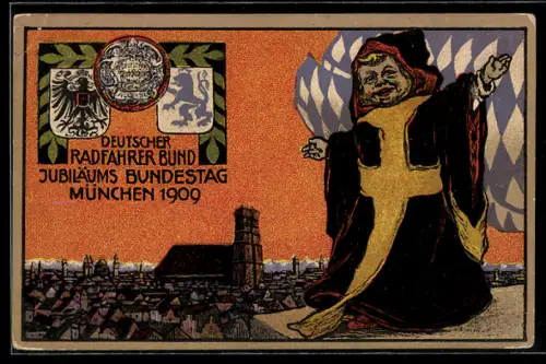 Künstler-AK München, Bundestag Deutscher Radfahrer Bund 1909 - Logo, Wappen, Kindl über der Stadt