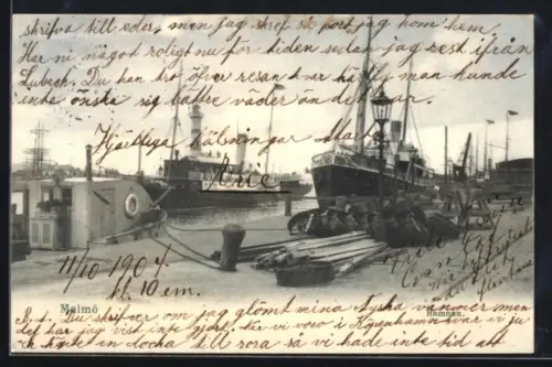 AK Malmö, Hafenpartie mit Dampfer u. Segelschiff