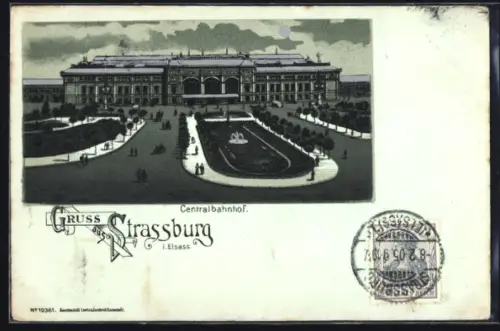 Lithographie Strassburg i. Elsass, Centralbahnhof mit Passanten