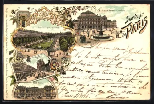 Lithographie Paris, Place et Théâtre Francais, Rue de Rivoli, Palais Royal