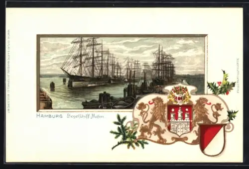 Lithographie Hamburg, Wappen und Segelschiff-Hafen