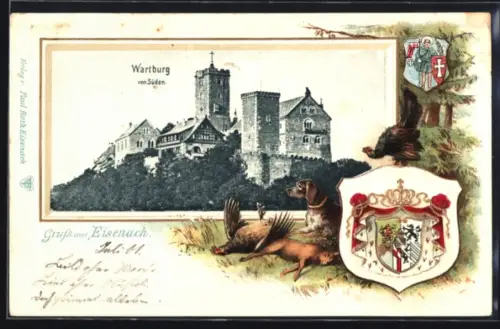 Präge-AK Warburg, Burgansicht im Passepartout mit Wappen, Jagdhund und Auerhahn