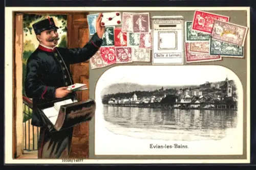 Passepartout-Lithographie Evian-les-Bains, Ortsansicht, Briefträger mit Brief, versch. Briefmarken