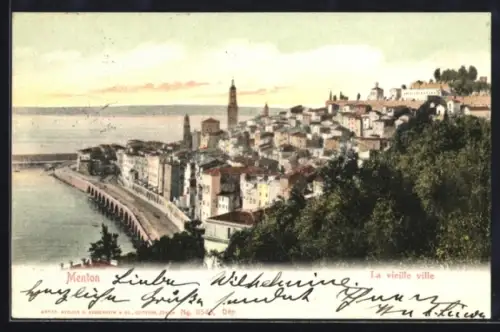 AK Menton, La vieille ville et vue sur la mer Méditerranée