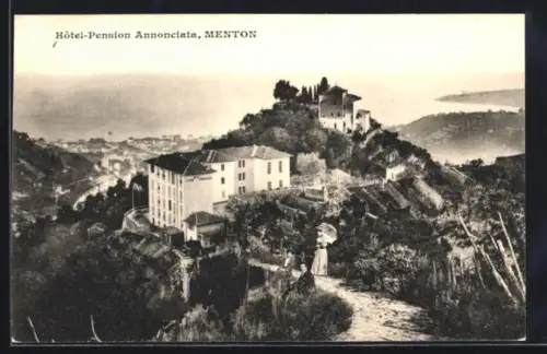 AK Menton, Hôtel-Pension Annonciata avec vue sur la ville et la mer