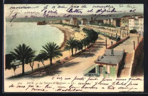 AK Nice, La Terrasse et le Quai avec vue sur la plage et les palmiers