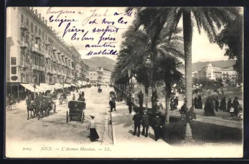 AK Nice, L`Avenue Masséna animée avec calèches et palmiers