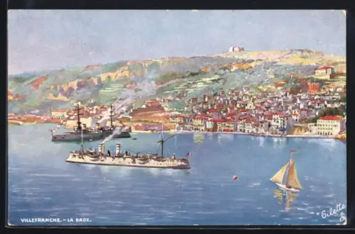 Künstler-AK Villefranche, La Rade avec navires de guerre et voilier