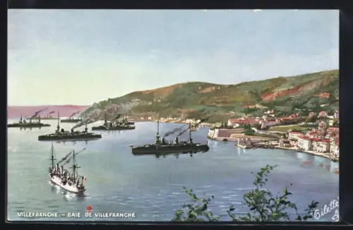 Künstler-AK Villefranche, Baie avec navires de guerre et paysage côtier